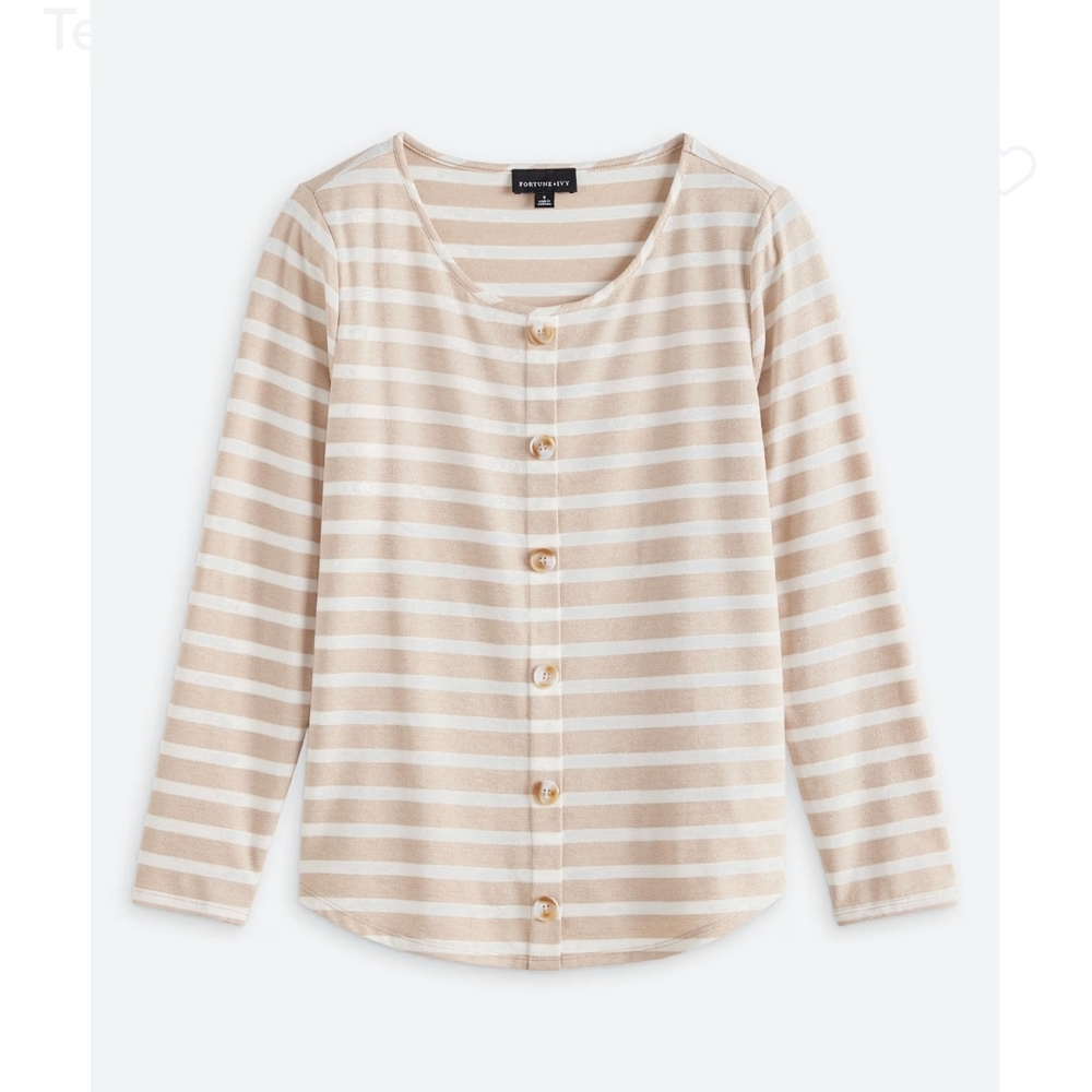 Striped Button-Front Crewneck Sweater - Beige & White